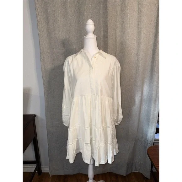 MAEVE Women's Linen Edition The Bettina Tiered White Mini Shirt Dress Size Small - Picture 2 of 12